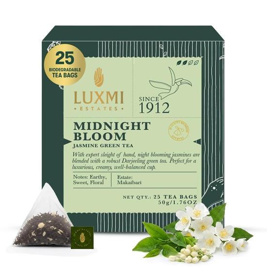 Luxmi Estates Midnight Bloom Jasmin-Grüntee, 25 Teebeutel (50 g) Packung | Zertifizierter Bio-Grüntee (USDA) | 25 Tassen