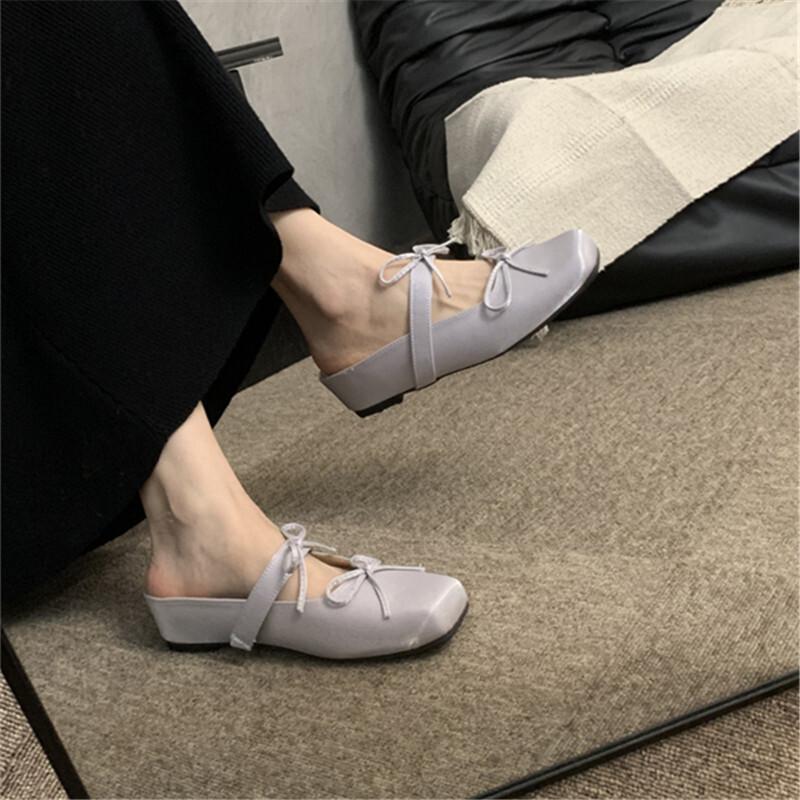 Fairy Style with Skirt Half Slippers Female Outer Wear 2025 Korean Version Bag Head Bow Shallow Mouth Inner Height Increase Sandals