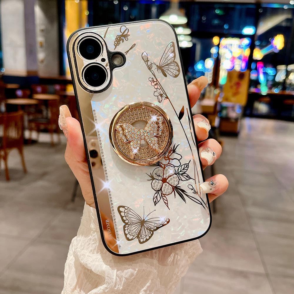 KEYSION Luxuxy Case for iPhone 16 Plus 16 Pro Max Butterfly Ring Stand Shockproof Phone Back Cover for iPhone 13 14 15 Pro Max