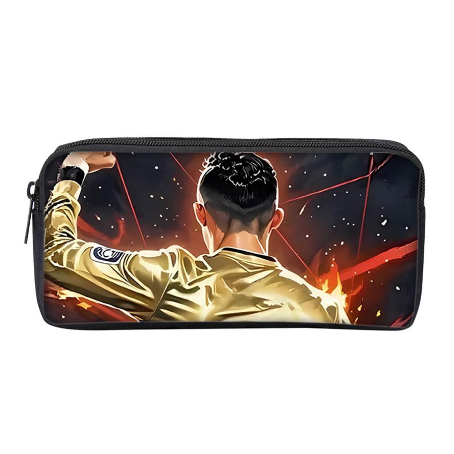 Black Football Star CR7 Pattern Pencil Bag with Zipper Canvas Fabric Stationery Organizer for Schools and Offices