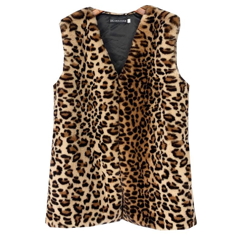 Leopard Print Faux Fur Winter Vest - Women's Mid-Length Soft Warm Coat