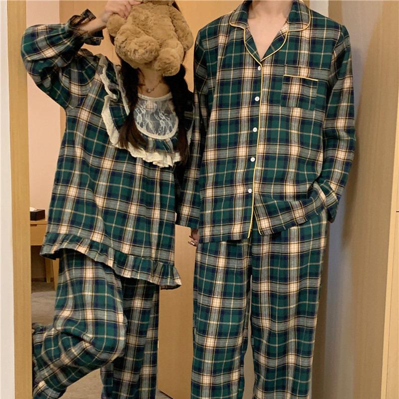 Korean-Inspired Autumn/Winter Plaid Pajama Set with Lace Trim for Couples