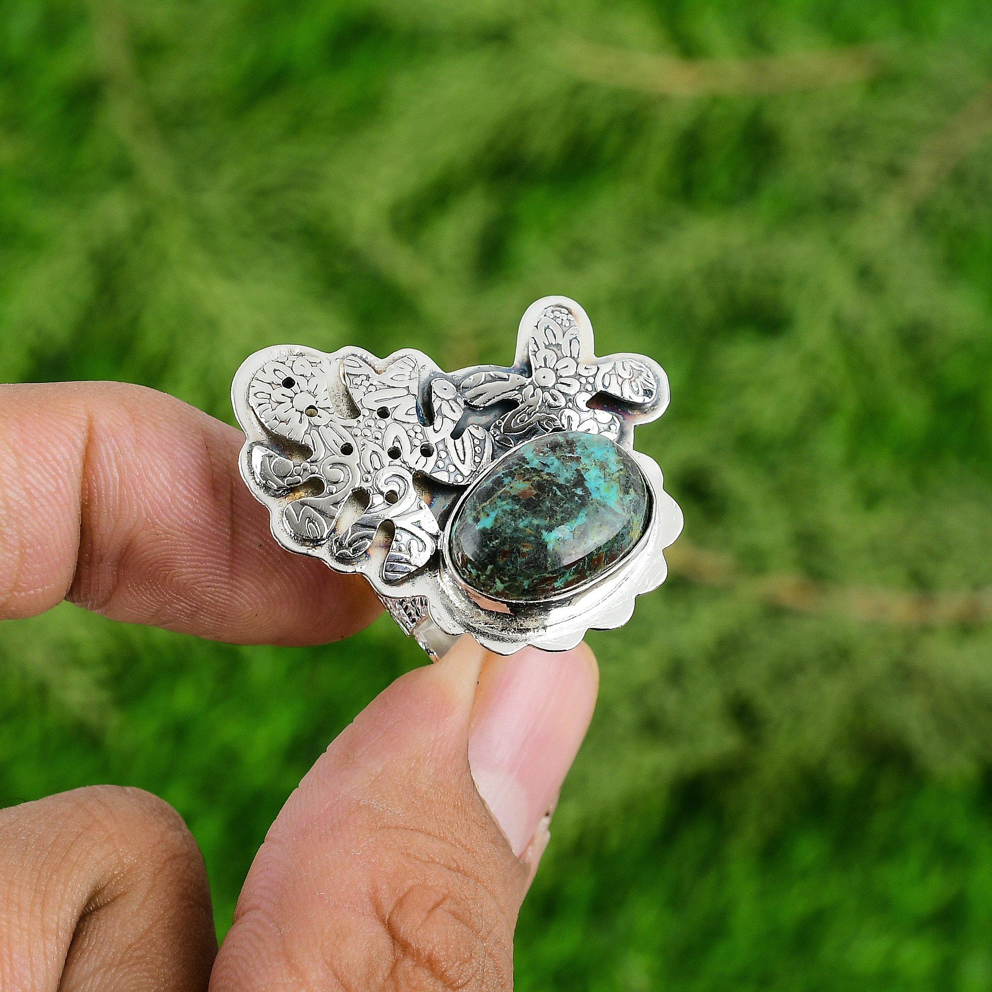 

Подарок для нее Кольцо-стейтмент из серебра 925 пробы с натуральным камнем хризоколлой, регулируемое Adjustable