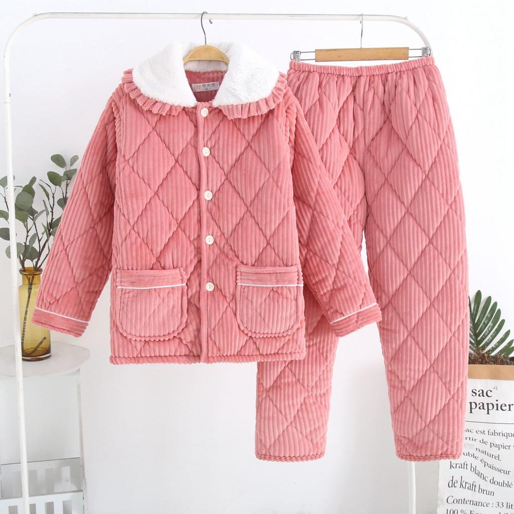 Coral Velvet Three-layer Quilted Jacket Pajamas Women's Autumn and Winter Thickened with Velvet Warm Winter Flannel Home Wear