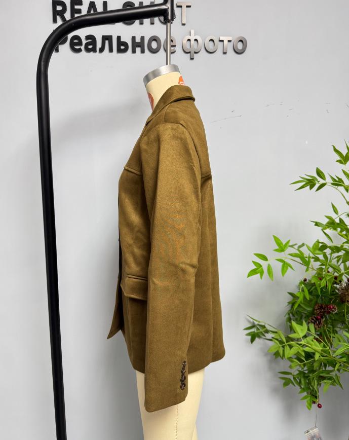 Retro Bruine Losse Zak Lange Mouw Damespak Jasje - Europese & Amerikaanse Stijl