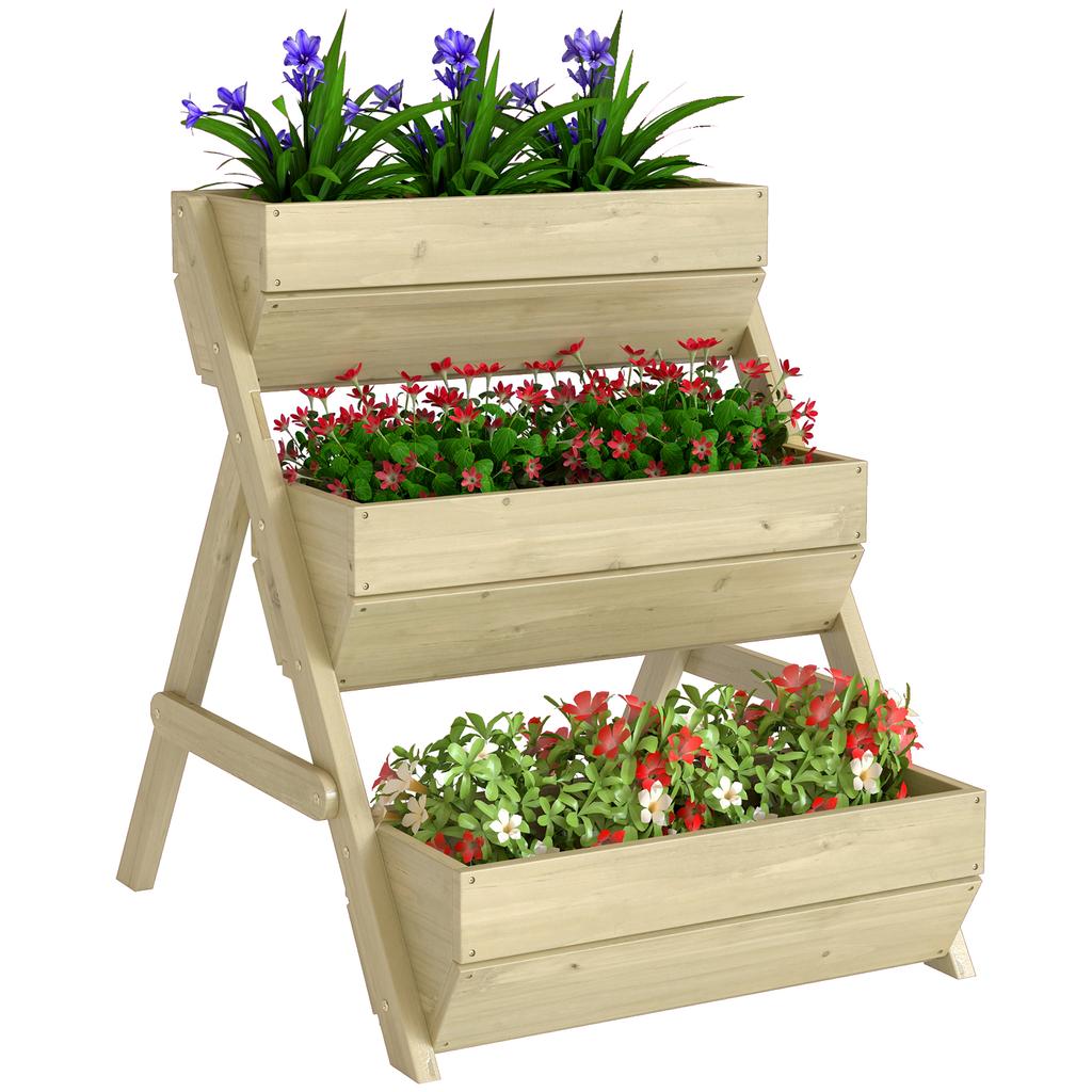 3 Tier Raised Garden Bed Wooden Elevated Planter Box Kit, 66L for Flower, Vegetable, Herb, 65x75x78cm, Green