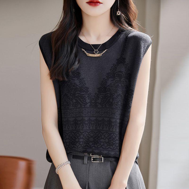 Temperament Sommer Neu Dünner Stil Eis Seide Damen O-Ausschnitt Einfarbig Jacquard Webart Kette Mode Elegant Ärmellos Locker Gestrickte Oberteile