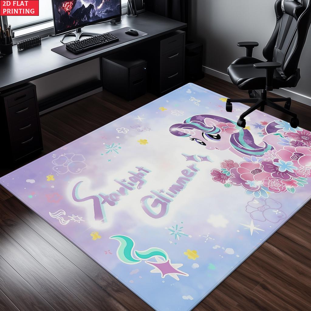 Cute Cartoon Pony Area Rug,Starry Gradient Theme Non-slip Floor Mat,Decorative Carpet for Kids Room Bedroom,Washable Home Gift