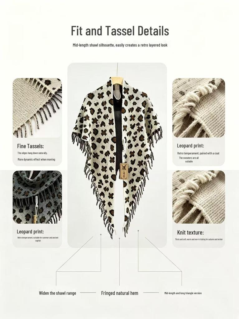 Leopard Print Tassel Shawl: Warm, Thick Triangle Cloak for Autumn & Winter