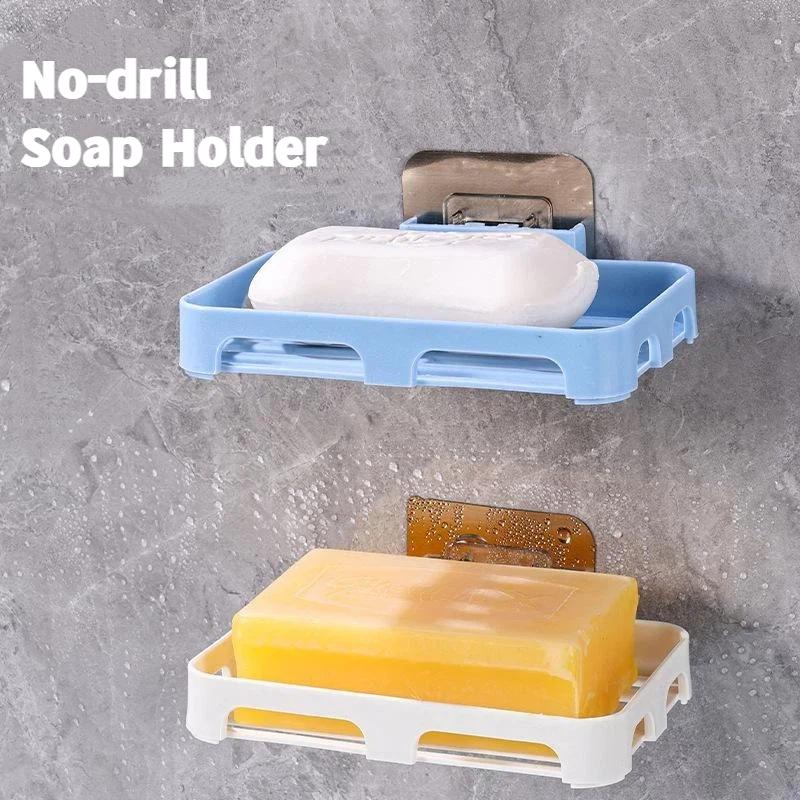 Self Adhesive Wall Mounted Soap Dish Holder With Drainage No Drilling For Bathroom Kitchen Sink