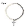 Hip Hop Gumeng 8MM Stainless Steel Cuban Chain + Pearl Merger Necklace Cross Pendant Necklace