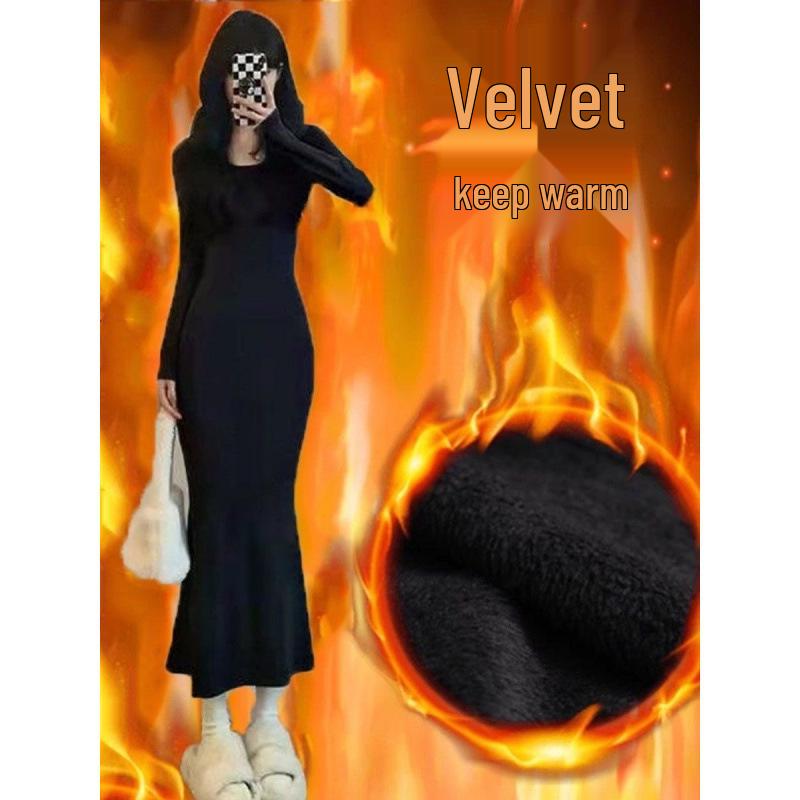 Women's Fleece-Lined Long Fishtail Dress - Pure & Sexy Style, Slimming Square Neck, Perfect for Autumn/Winter.