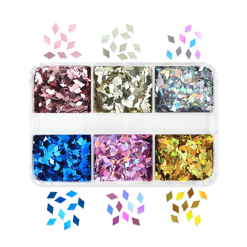6 Grids Holographic Rhombus Nail Sequins Decoration DIY Nail Design Supplies, for Nail Art Supplies for Women and Girls Decoration Parts