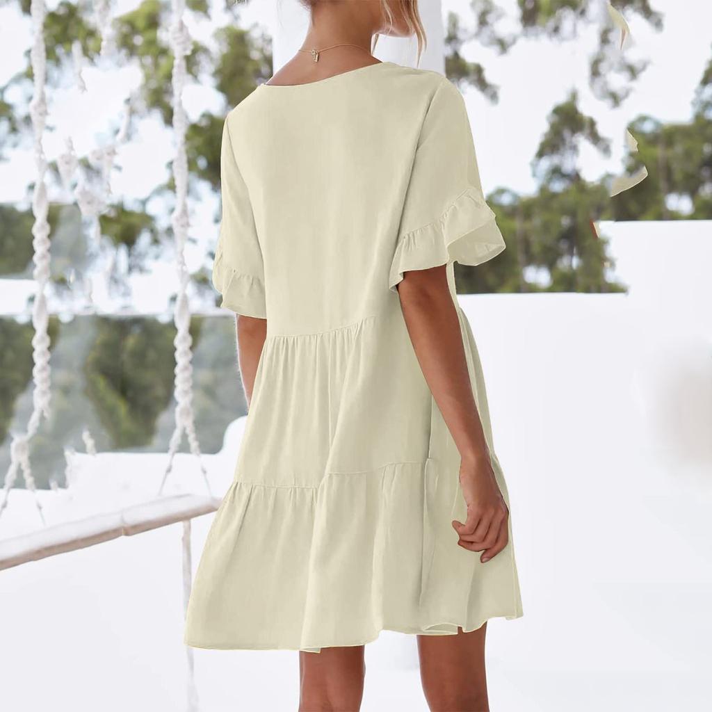 Women's Casual Short Sleeve Down Dress Summer Ruffle Pocket Elastic Waist A-Line Swing Dresses