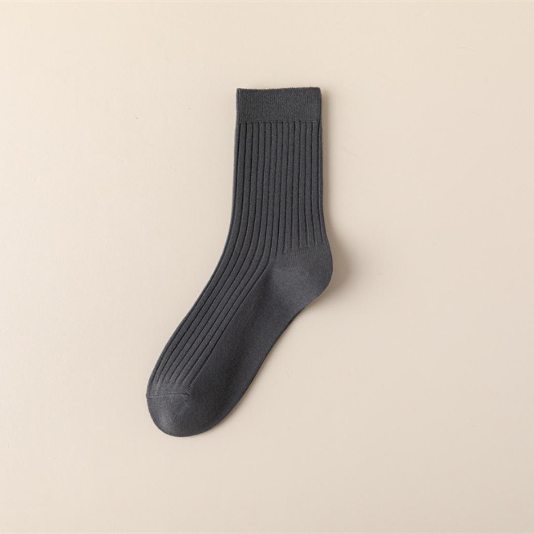

Мужские носки с двойной иглой, антипиллинговые, из чесаного хлопка, простые, черно-белые, серые, в вертикальную полоску, мужские хлопковые носки, средние, деловые носки One Size темно-серого