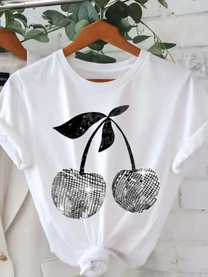 Tricou cu imprimeu grafic și cireșe argintii, mânecă scurtă, guler rotund, casual, pentru vară și primăvară, îmbrăcăminte pentru femei