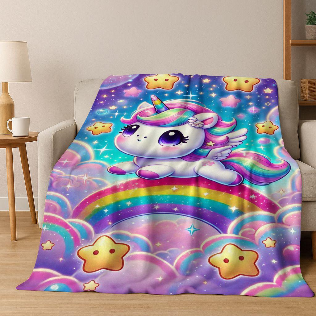Kreslený duhový jednorožec Elfové Dívka Dárek Flanelová deka, Útulná měkká přehozová deka pro domov Ložnici Postel Pohovku Piknikový potah Děti