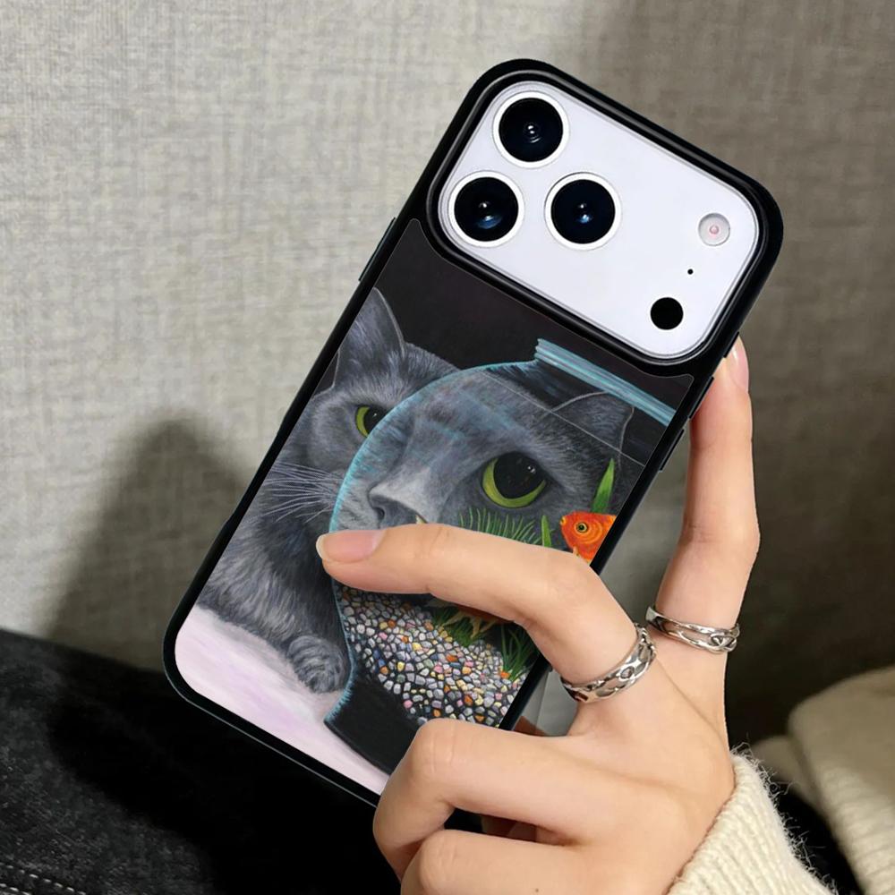Capa Case for iPhone 17 Air 16 Pro Max 15 Plus 11 13 Mini 14 12 Back Phone Cover Cat And Goldfish print