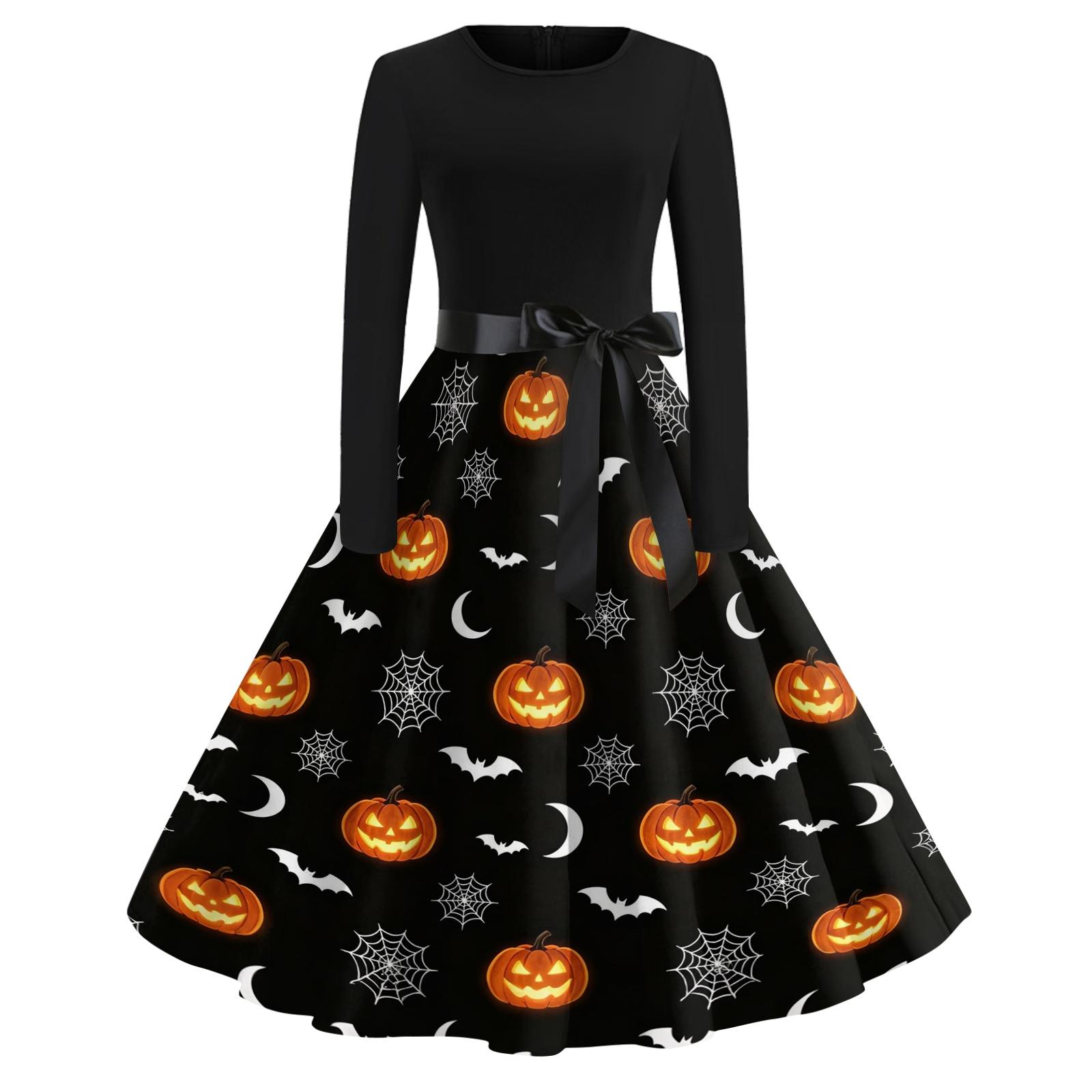 Damen Vintage Rundhals Langarmkleid mit Halloween-Print für Freizeit und Alltag XL wassermelone roten