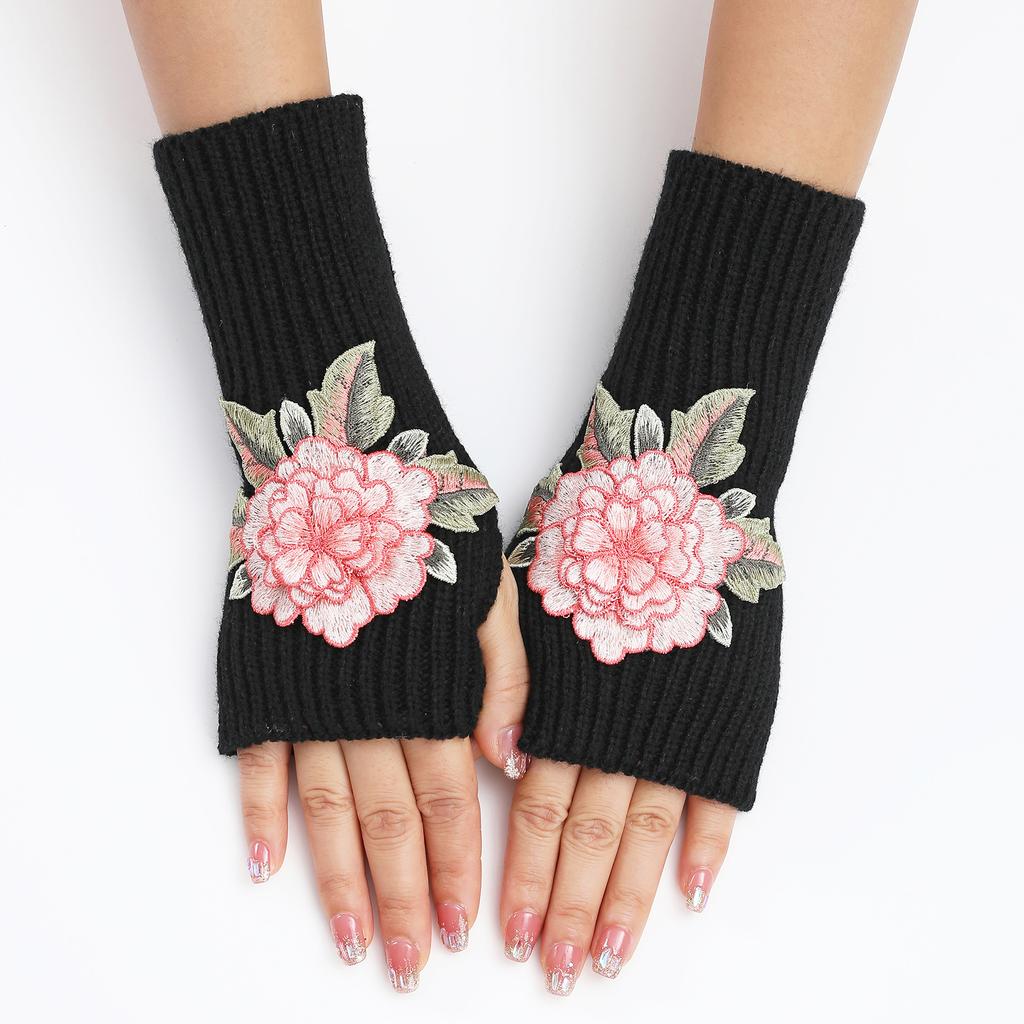 New Autumn and Winter Women's Knitted Woolen Sleeve Sleeves Half Finger Exposed Gloves Fashionable and Warm Short Wrist Guards Flower Gloves