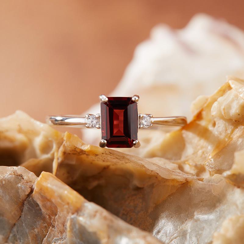 S925 Sterling Silver Natural Color Treasure Ring Female Citrine Amethyst Topa Garnet Sugar Cube Simple