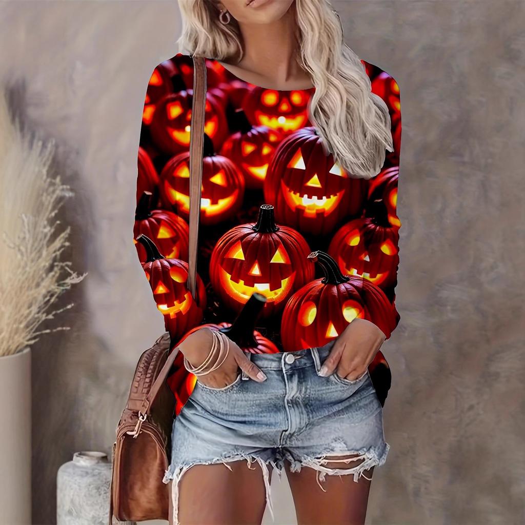 Ladies Autumn and Winter Halloween Funny 3D Printed Crew Neck Long Sleeve T-Shirt Comfortable Fashion Breathable