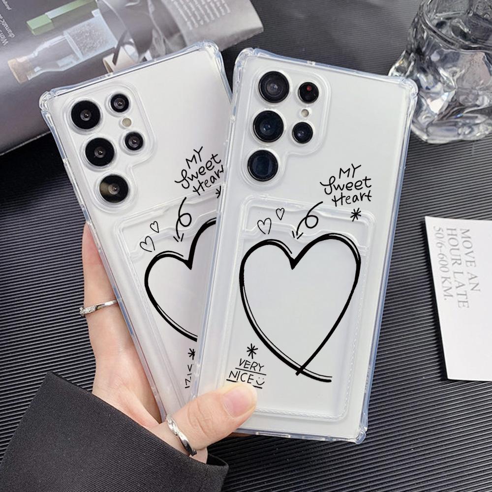 Card Holder Case For Samsung S24 Ultra A06 A05s A05 S23 Plus S22 S21 S20 FE A10s A10 A04 A03s A03 Love Heart Soft Silicone Cover