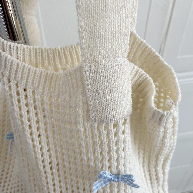 Yogodlns Women's Bow Design Shoulder Bag Raffia Aesthetics Crochet Handbag Purses Knitted Shopping Bag Summer Beach Bag