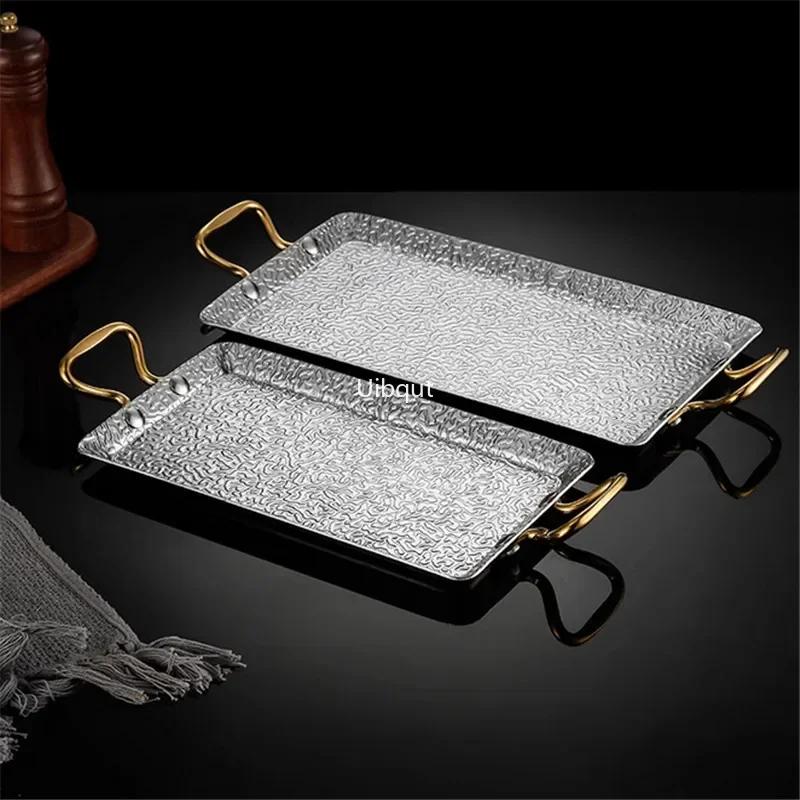 Double ear Creative 304 stainless steel tray shallow BBQ Dim sum steak plate rectangular buffet display dishes and plates sets