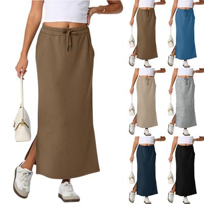 Womens Casual Maxi Skirts High Waist Trendy Drawstring Side Slit Skirts With Pockets