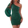 Women's Sequin One Shoulder Dress Long Sleeve Sparkly Mini Bodycon Dress Ruched Party Cocktail