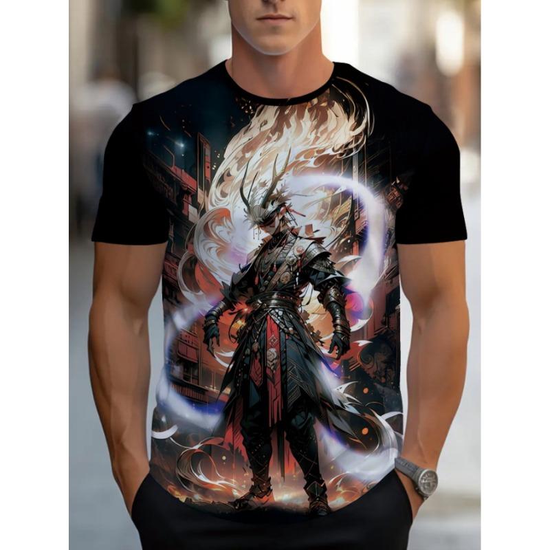 3D Printed Men's Black Short-sleeved T-shirt, Fantasy Warrior Theme Suitable for Summer Casual Wear