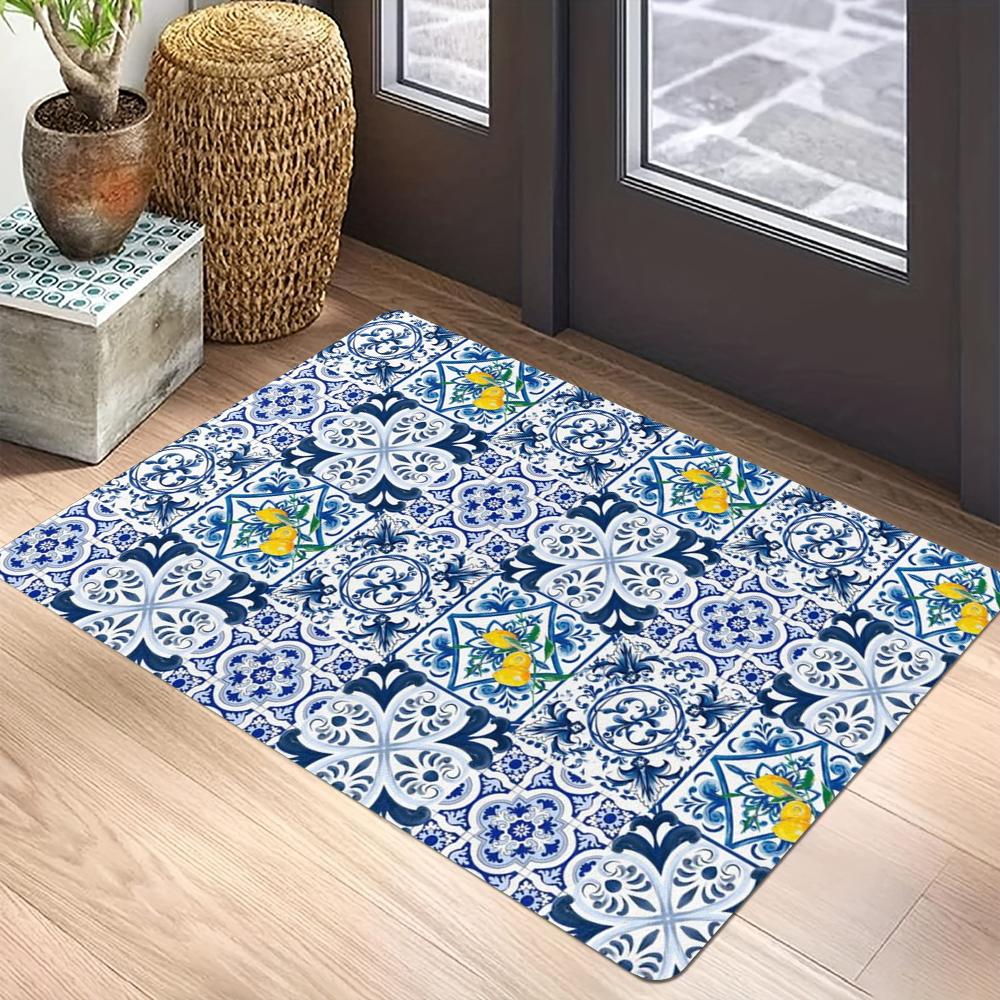 

Синьо-білий візерунковий килимок - Симетричний дизайн Середземноморський Геометричний Вінтажний Традиційний Декоративний Домашній Декор Килим 40x60cm