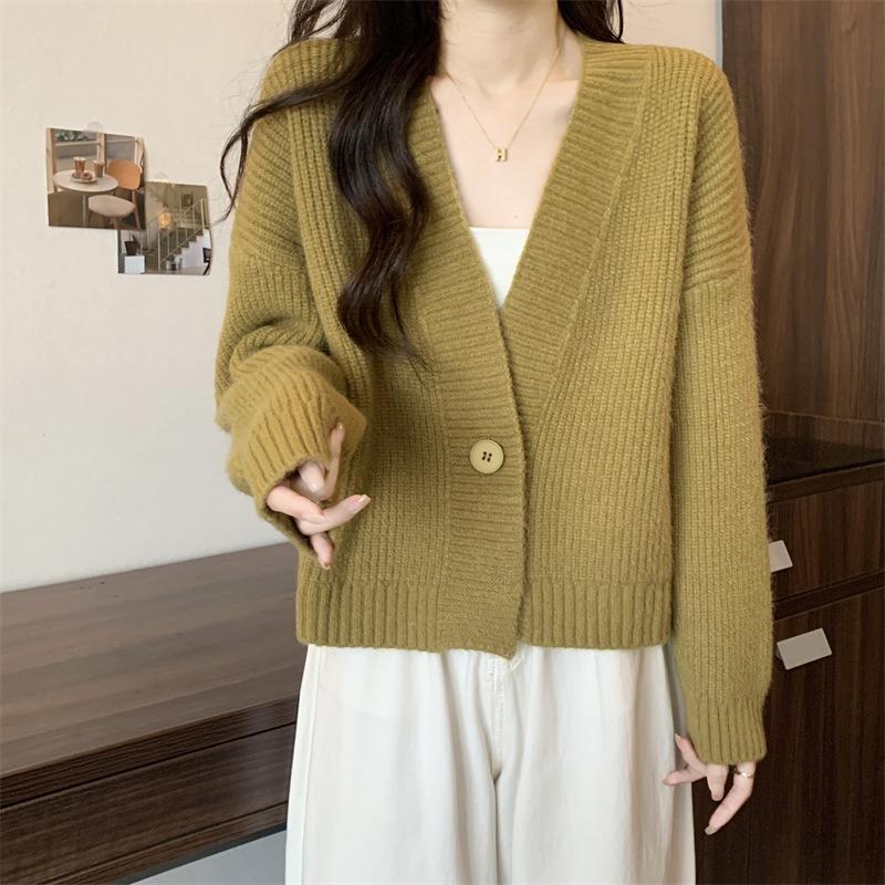 Autumn and Winter New Casual Simple Style Knitted Cardigan Women's Loose V-neck Loose and Versatile Solid Color Sweater