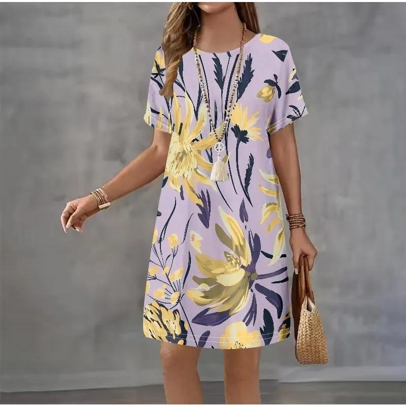 Summer Ladies 3D Printed Short Sleeve Dress Fashion Versatile Trend Breathable Casual