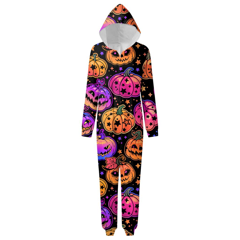 Halloween Printed Family Matching Hooded Long Sleeved Zippered Hooded Jumpsuit Set