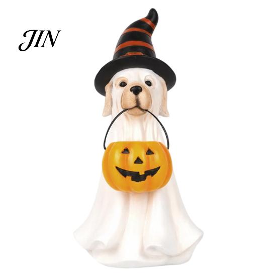 Halloween Window Ornaments Ghost Dog Figurine, Wizard Hat Pumpkin Resin Statue, Cute Tabletop Decor Indoor Haunted House Supplies for Entryway