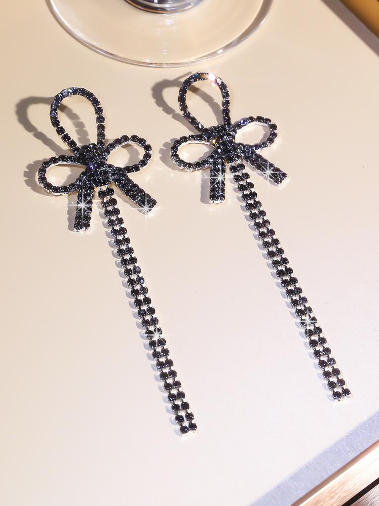 Blue Crystal Long Tassel Bow Earrings