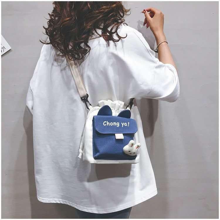 Kawaii Korean Style Canvas Bucket Bag, Cute Letter Print Drawstring Crossbody Purse, Soft Cotton Shoulder Bag for Women