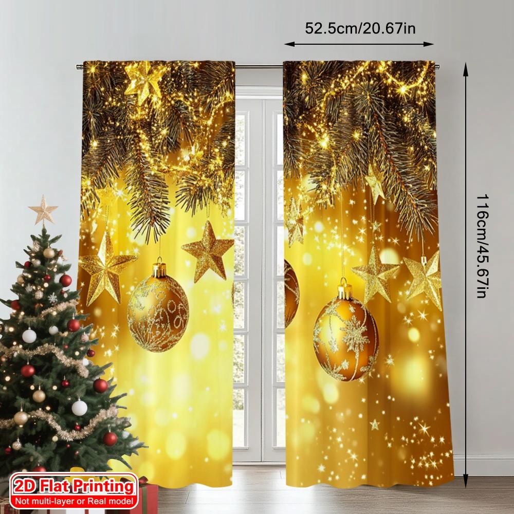 Set Of 2 Flat Printing Christmas Hot Party Curtains Golden Deluxe Ball Scopic Stylish Polyester Fiber Spring Curtain