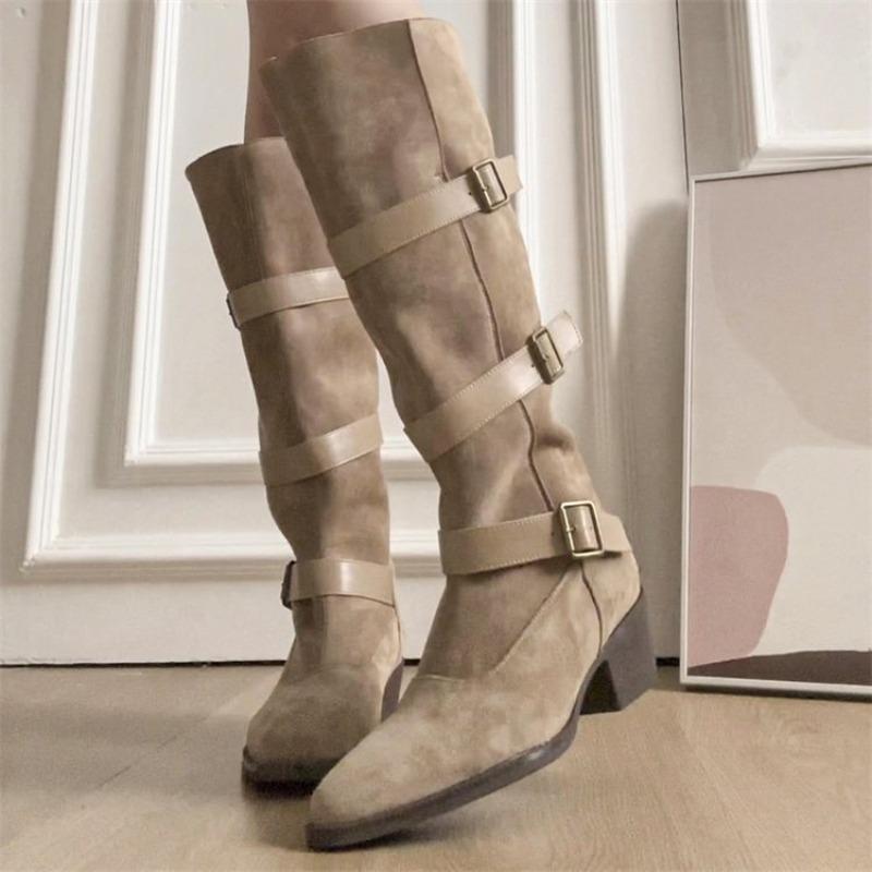 Sleeve Boots Autumn and Winter New Round Toe Suede Buckle Soft Sole Non-slip Wear-resistant Block Heel Shoes