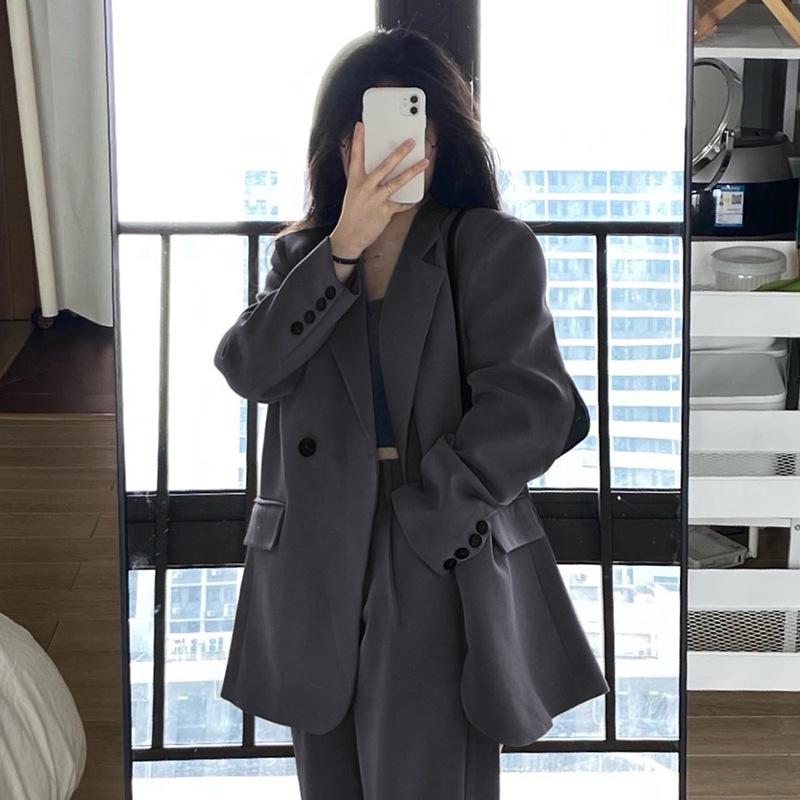 Women's Gray Blazer Jacket and Pants Two-Piece Set for Early Autumn 2025 - Petite Casual Suit