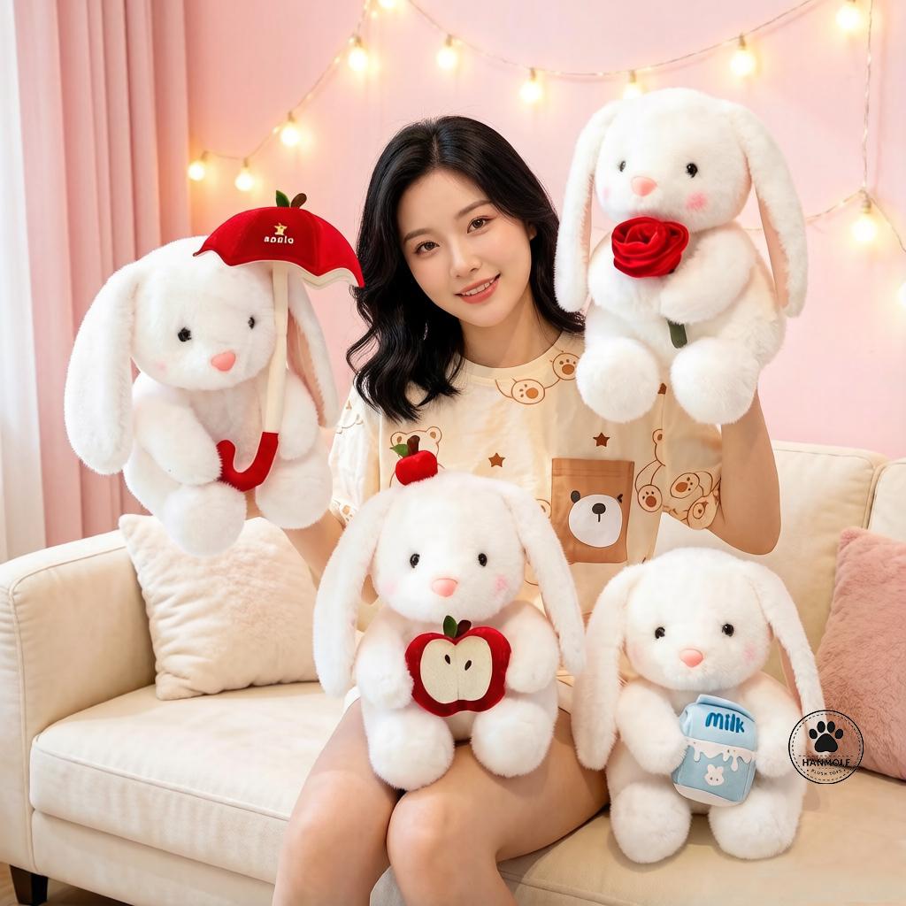 Graceful White Lop Ears Rabbit Plush Toy Holding Red Rose Say Love Cartoon Animal Plushie Sweet Girlfriend Gift