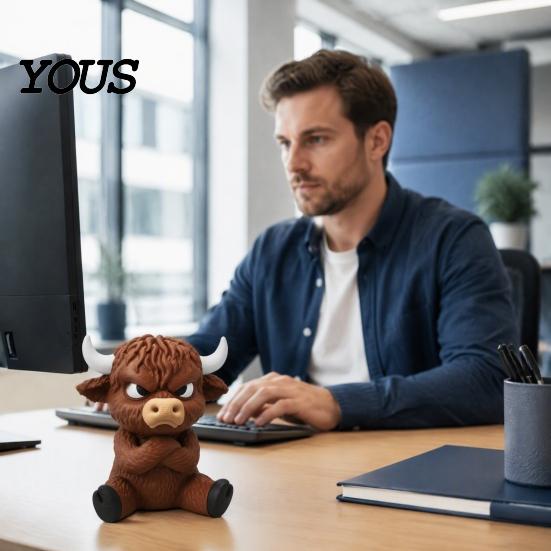 Trendy Animal Figurine 3D Printed Angry Highland Cow Figurine, Cute Attitude Desktop Cool Office Accessories Ornament, Sitting Statue for Home