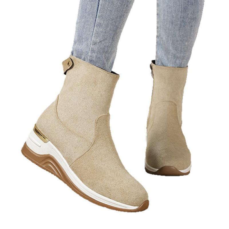 Dames Suede Enkelboots met Brede Wijdte en Sleehak - Enkelboots met Rits aan de Zijkant en Blokhak voor de Herfst, Slankvallende Platform Modeboots