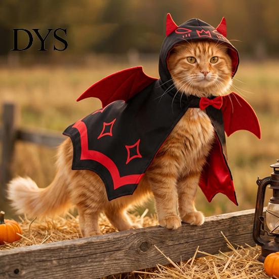 Pet Hood with Horns Halloween Cat Bat Cloak, Cute Devil Cape Wings, Hooded Photo Prop Costume Festive for Cats Small Dogs Cosplay Party Wear