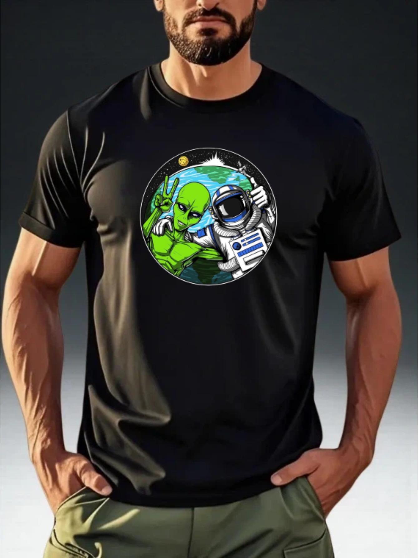 Men s Sci-Fi Humorous Alien × Astronaut Space Group Photo Print Short Sleeve T-Shirt S