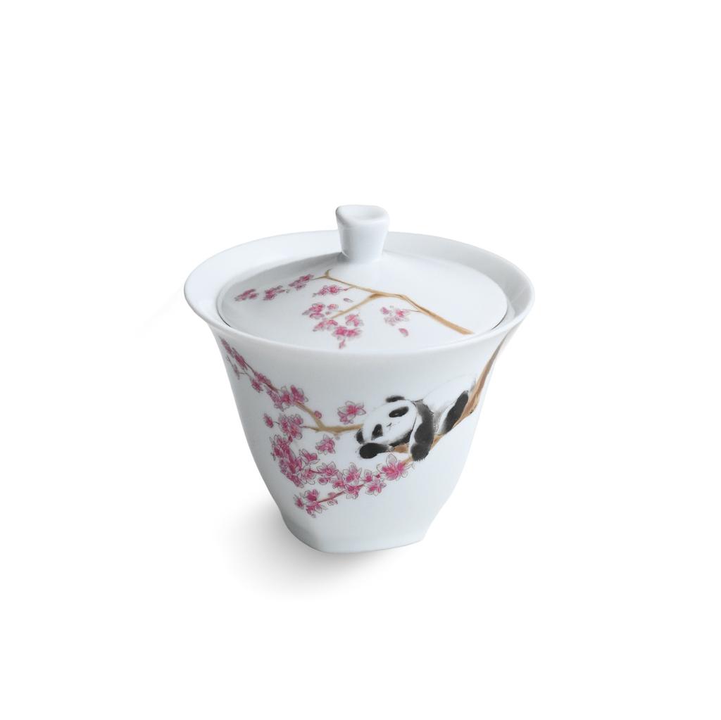 White Porcelain Cover Bowl, Single Large, High-End Tea Offering, Ercai Cover Bowl, Hand-Painted Panda Wen Kung Fu Tea Making Cup, Hand-Grasping Bowl