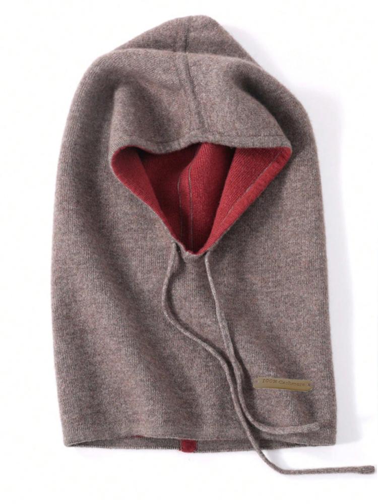 Ladies' 100% Cashmere Double-Sided Balaclava Hat With Label For Autumn&Winter Warmth Solid Color Drawstring Pullover Knitted Hat