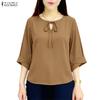Women Casual Round Neck Solid Color Loose 3/4 Sleeve Blouse